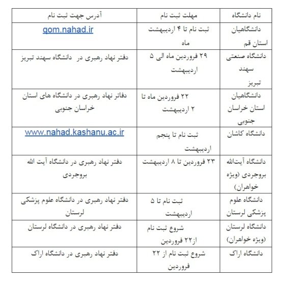 جدول اعتکاف دانشجویی