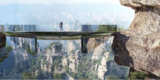 ساخت پل معلق شیشه ای در چین/ بین زمین و آسمان دراز بکشید