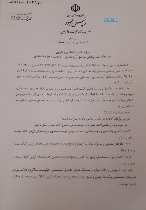 عوارض واردات کالا به مناطق آزاد اعلام شد
