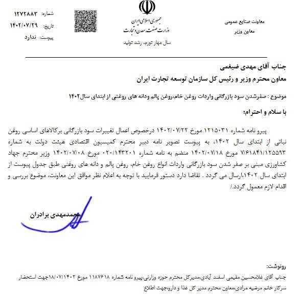 درخواست برای صفرشدن سود بازرگانی واردات روغن خام و دانههای روغنی