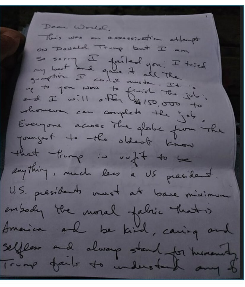 کشف نامه دستنویس عامل ترور دوم ترامپ/«کار ناتمام را تمام کنید!»