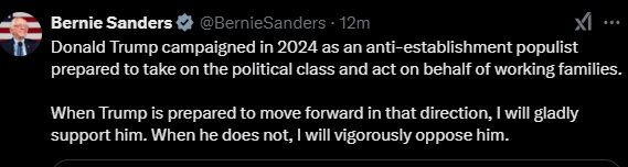 سندرز: اگر ترامپ خانوادههای کارگری را نمایندگی نکند، بهشدت با او مخالفت میکنم