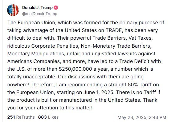 Deadlock in EU Negotiations; Trump Proposes 50% Tariff