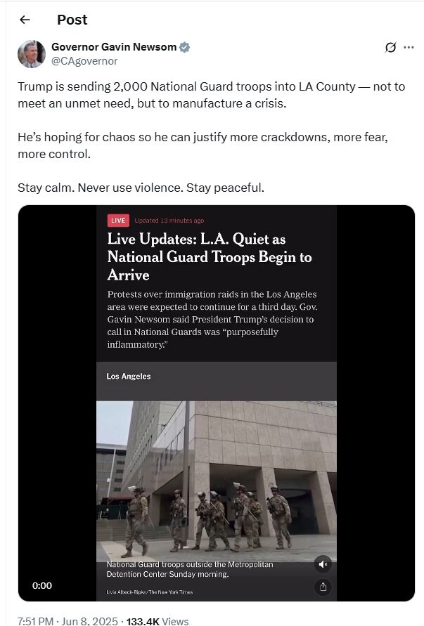 California Governor accuses trump of crisis-mongering in LA