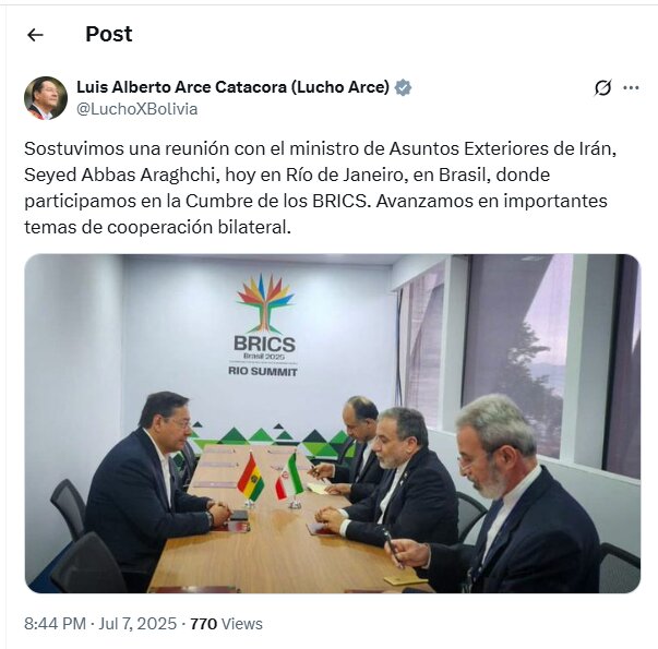 Bolivian President's message after meeting with Araghchi