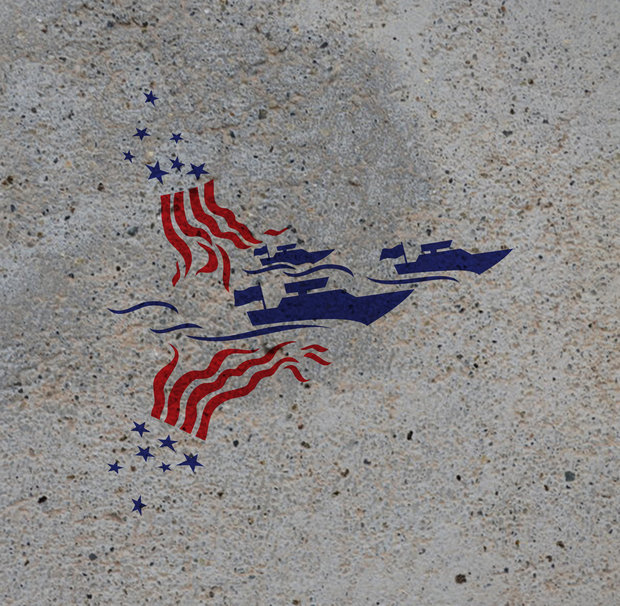 A graffiti implying that Iranian navy fast boats tearing the lines of US flag apart