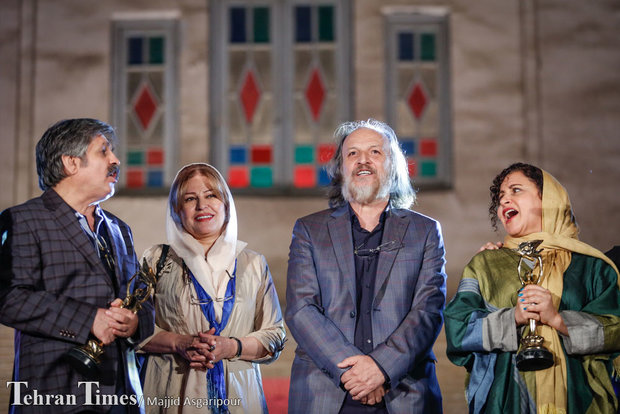 From right to left actress Fereshteh Sadrorafae, actor Amin Tarokh, actress Akram Mohammadi attends the Iran Cinema Celebration in Tehran’s Mashq Square on September 12, 2016.