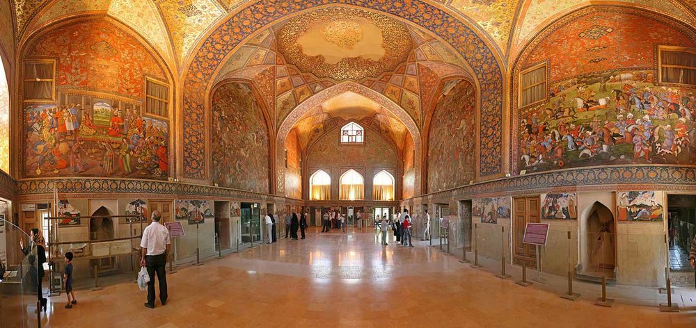 the interior of the Safavid-era Chehel Sotoun pavilion situated in the heart of Isfahan