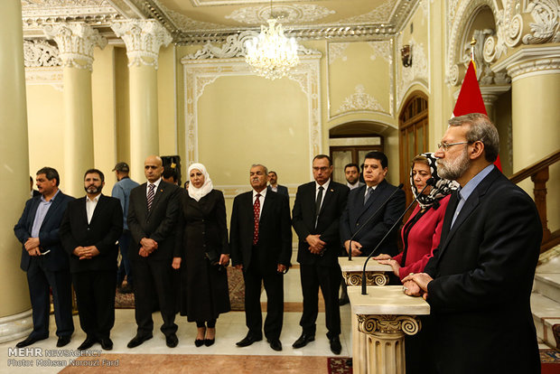 مصاحبه مشترک مطبوعاتی علی لاریجانی رئیس مجلس با هدیه خلف عباس رئیس مجلس نمایندگان سوریه 