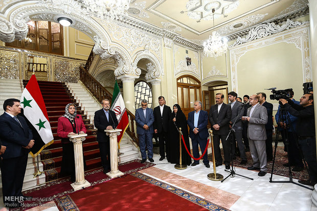 مصاحبه مشترک مطبوعاتی علی لاریجانی رئیس مجلس با هدیه خلف عباس رئیس مجلس نمایندگان سوریه 