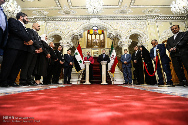 مصاحبه مشترک مطبوعاتی علی لاریجانی رئیس مجلس با هدیه خلف عباس رئیس مجلس نمایندگان سوریه 