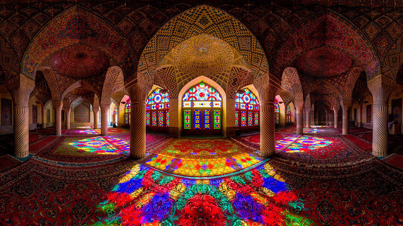 Nasir-al-Mulk mosque, an ancient building built in 19th century, in Shiraz, with a hypostyle hall and multitude of stained glasses is one of the great examples of Iranian-Islamic architecture.
