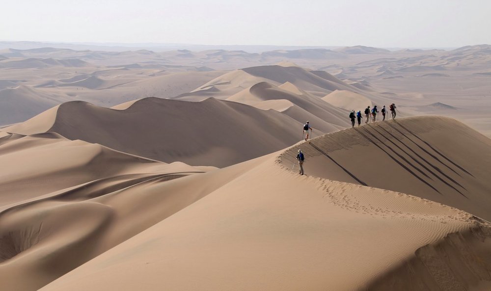 A group traverse the mega dunes on the eastern flank of the Lut Desert in Iran. (Photo credit: Jerome Poulin/Secret Compass)