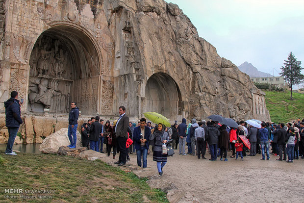 Tourists visit Taq Bostan in Kermanshah during Nowruz holidays 