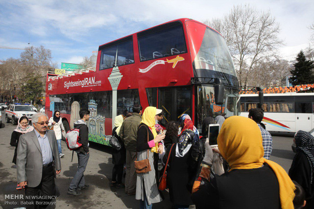 Sightseeing buses tour around Tehran in Nowruz