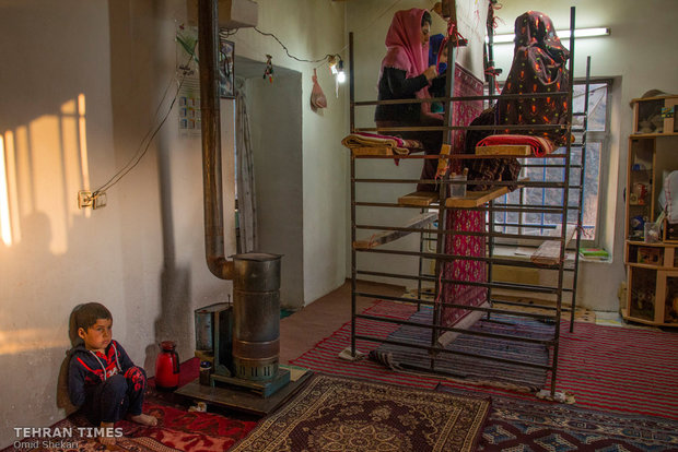 Turkmen women use scaffolds to weave double-sided carpets. They do their work with love and patience.