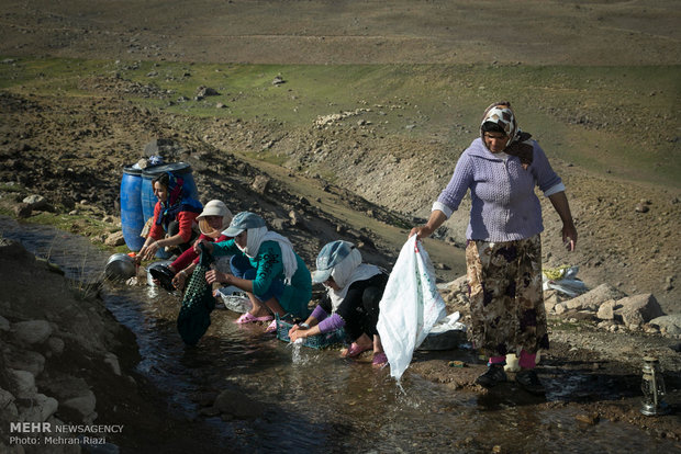 زنان و دختران عشایر ظروف و البسه خانواده را برای شستشو به حاشیه روزخانه کوچکی در دشت آورده اند. 