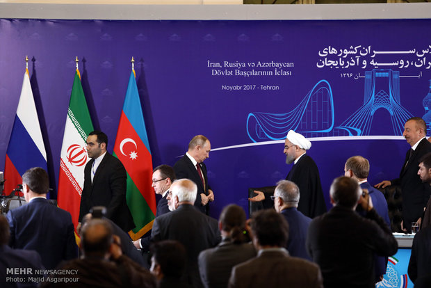 Rouhani, Putin, Aliyev press conference in Tehran