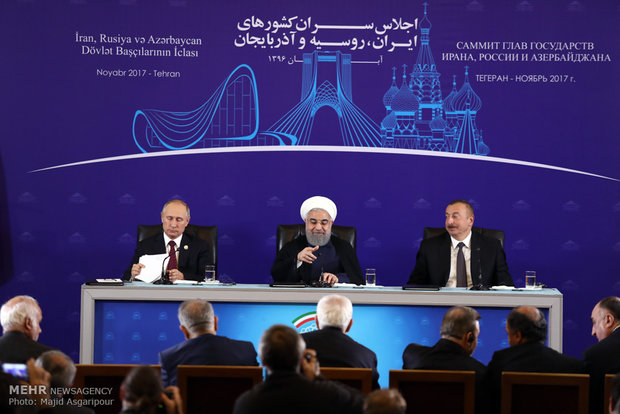 Rouhani, Putin, Aliyev press conference in Tehran