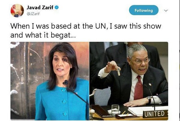 واکنش ظریف به نمایش تبلیغاتی نماینده آمریکا در سازمان ملل