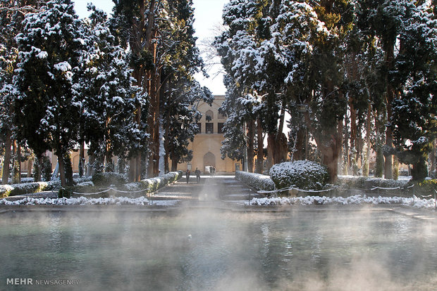 الثلج يغطي حديقة " فين " في كاشان