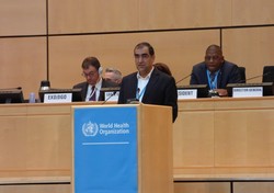 Health Minister Hassan Qazizadeh Hashemi is delivering a speech in WHO headquarters in Geneva in June 2017./ Photo by IRNA