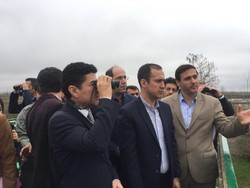 Ecuadorian ambassador Germán Alejandro Ortega Almeida is holding binoculars and watching birds in a wildlife refuge in Gilan province with Kaveh Madani deputy chief of environment standing next to him