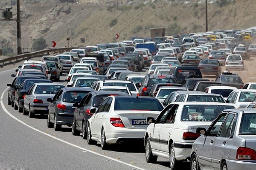 Cars are seen stuck in a traffic jam on the rocky Chalus Road, which connects Tehran to northern Iran.