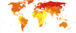 Statistics from WHO showing deaths from noncommunicable diseases in 2012 per million persons. The redder a country is the more are the number of deaths pertaning to NCDs.