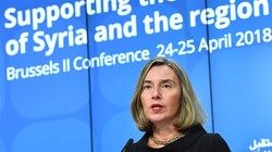 European Union (EU) foreign policy chief Federica Mogherini addresses a press conference on "Supporting the future of Syria and the region" at the European Council in Brussels on April 25, 2018. (Photo by AFP) 