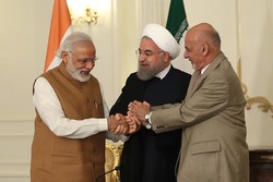 President of Afghanistan Ashraf Ghani (R), Prime Minister of India Narendra Modi (L) and President of Iran Hassan Rouhani (C) shake hands after they signed Chabahar transit agreement in Tehran, Iran on May 23, 2016. (Photo by Pool / Iran Presidency/Anadolu Agency/Getty Images)