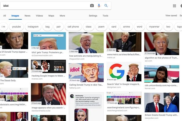 نمایش تصاویر ترامپ در صورت جستجوی کلمه احمق در گوگل