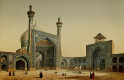 A painting by the French architect Pascal Coste, who visited Isfahan in c. 1840, depicts the main courtyard and two iwans of the Imam Mosque.