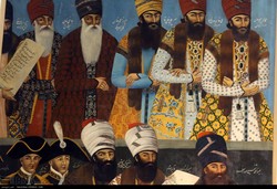 Detail shows a massive oil-on-canvas painting which was put on show at the Louvre-lens from March to July 2018. It depicts Qajar-era politicians, courtiers and military aids.