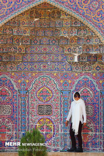 Autumn tourists visiting Nasir al-Molk Mosque in Shiraz