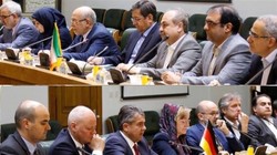 Former German foreign minister Siegmar Gabriel (bottom 3rd L) holds talks with Iran's Central Bank Governor Abdolnaser Hemmati (top C) in Tehran, Nov. 12, 2018.