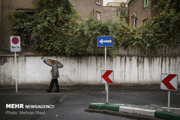 المطر في شوارع طهران المطلية بألوان الخريف