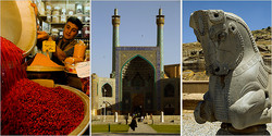 From left: A spice vendor in the Grand Bazaar in Isfahan; the Imam Mosque; ruins at Persepolis. (Credit Greg Von Doersten for The New York Times)