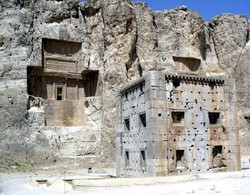 Ka’be-ye Zartosht is seen before a rock-hewn tomb in Naqsh-e Rostam, Fars province, southern Iran.