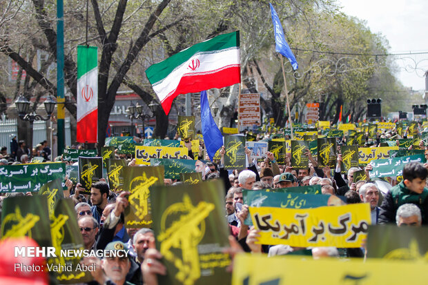 People in Tabriz march to protest against US designation of IRGC terrorist group 