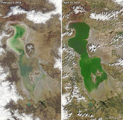 Images published on NASA Earth Observatory website show the lake on February 5, 2019, and April 12, 2019, before and after the recent floods in the region.