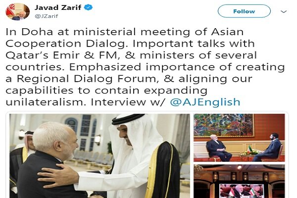 Zarif says he stressed containing unilateralism in meetings on Doha visit  