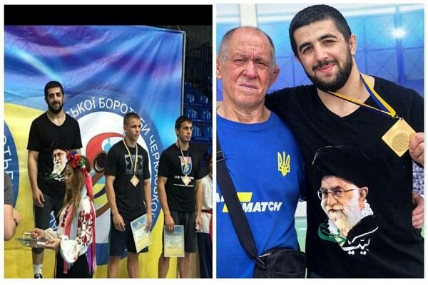 Ukrainian wrestler stands on champ’s podium with image of Islamic Revolution Leader on his T-shirt