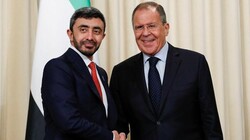 Russian Foreign Minister Sergey Lavrov, right, and Foreign Minister of the United Arab Emirates, Sheikh Abdullah bin Zayed Al Nahyan shake hands after their joint news conference following their talks in Moscow.
