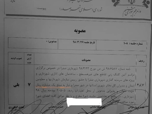 فرافکنی شهرداری صدرا برای مصوبه ۱۰۰ میلیون تومانی/مصوبه موجود است فرافکنی شهرداری صدرا برای مصوبه ۱۰۰ میلیون تومانی/مصوبه موجود است