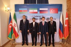 From left to right, Azerbaijan ICT minister Ramin Quluzade and his counterparts Iran’s Seyyed Javad Azari Jahromi, Russia’s Konstantin Noskov and Turkey’s  Omer Abdullah Karagozoglu pose for a photo