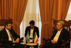 Ali-Asghar Mounesan (R) and Zurab Pololikashvili hold talks in an undated photo.