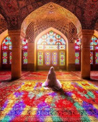 A woman sits in the prayer hall of the Nasir ol-Molk Mosque, which is nicknamed “the Pink Mosque” for its rosy-hued tiles, in Shiraz, southern Iran.