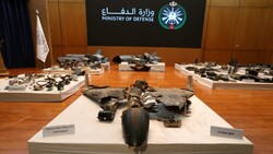 Remains of the weapons which Saudi government says were used to attack an Aramco oil facility, are displayed during a news conference in Riyadh, Saudi Arabia September 18, 2019.