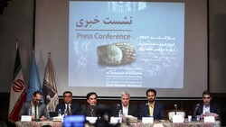 Oriental Institute director Christopher Woods (2nd L), director general of Iranian museums Mohammadreza Kargar (3rd L), and deputy tourism minister Mohammad-Hassan Talebian (4th L) address a press conference on Achaemenid clay tablets at the National Museum of Iran, Tehran, October 2, 2019.